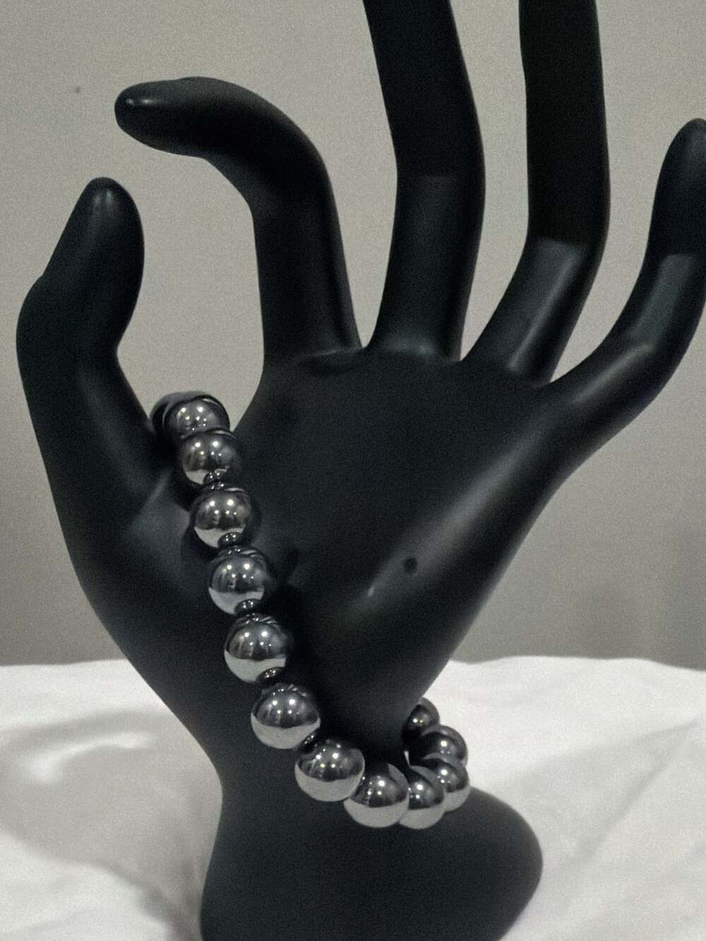 Hematite Beaded Stretch Bracelet Shiny Metallic Round Beads